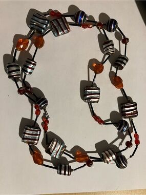 Multicolor Striped Glass and Orange Accent Bead Necklace